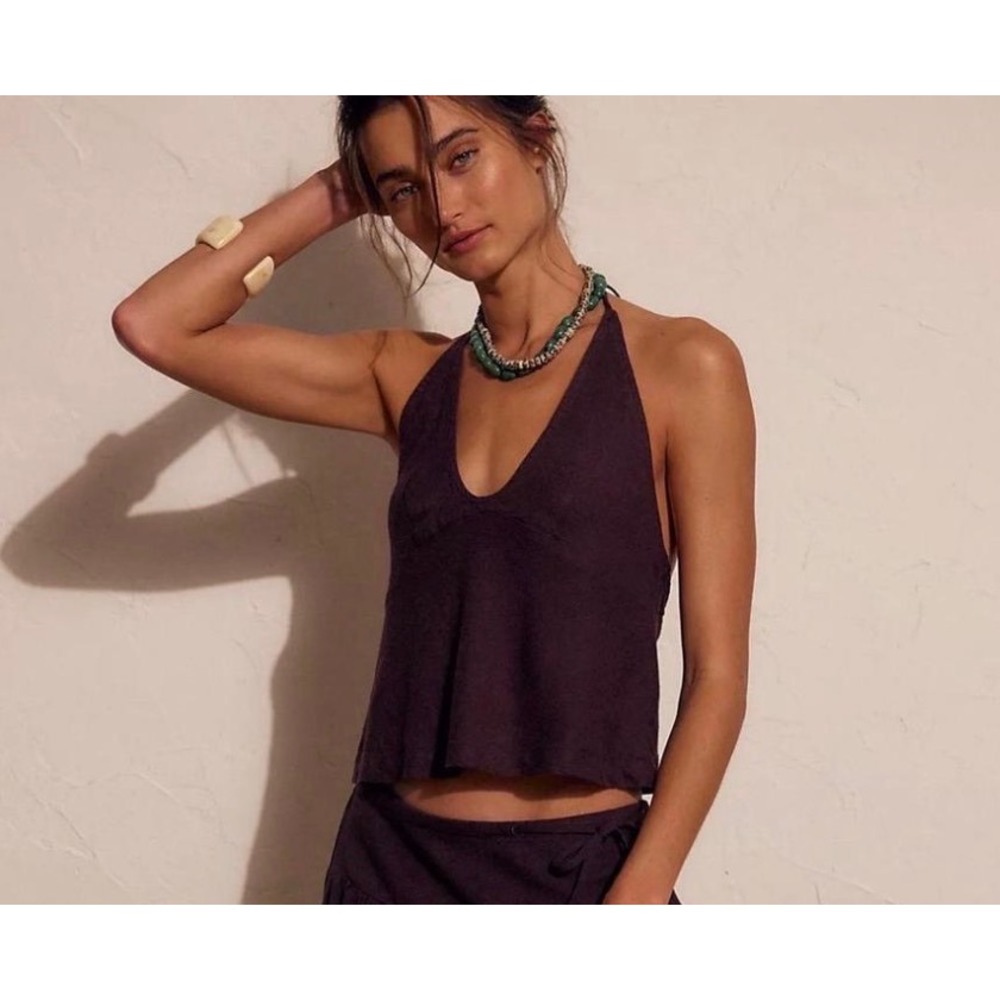 Free People Fudge Brown Halter Top only Open Back V-Neck XS